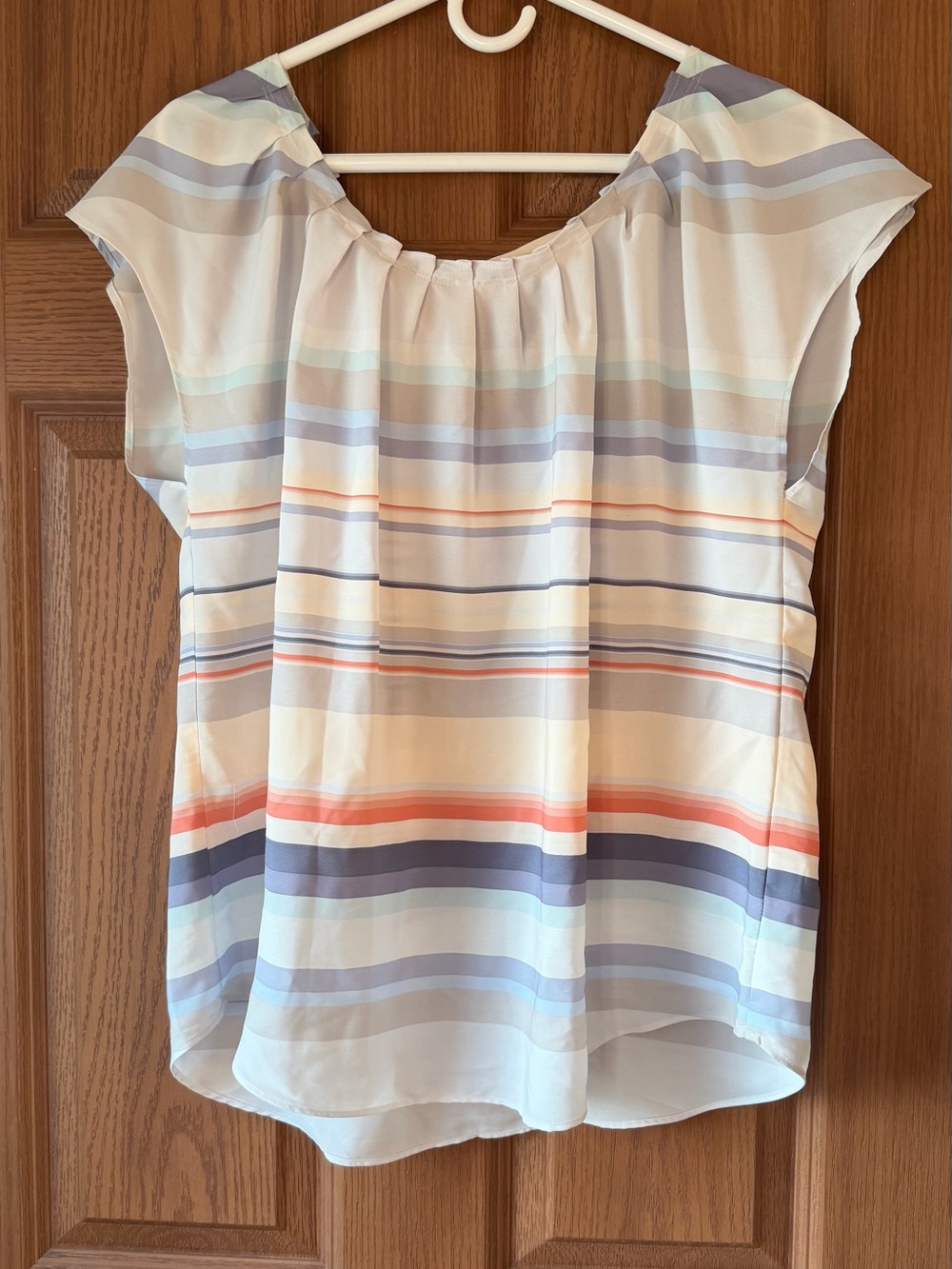 LC Lauren Conrad Striped Cap-Sleeve Blouse in White with Pastel Blue and Coral